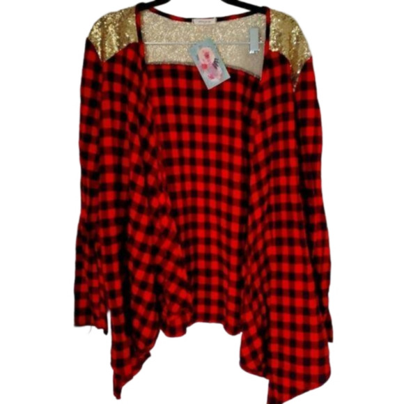 🍁NEW Gorgeous Red/Black Buffalo Plaid Carnigan with Gold Sequins Size Small - Picture 4 of 7